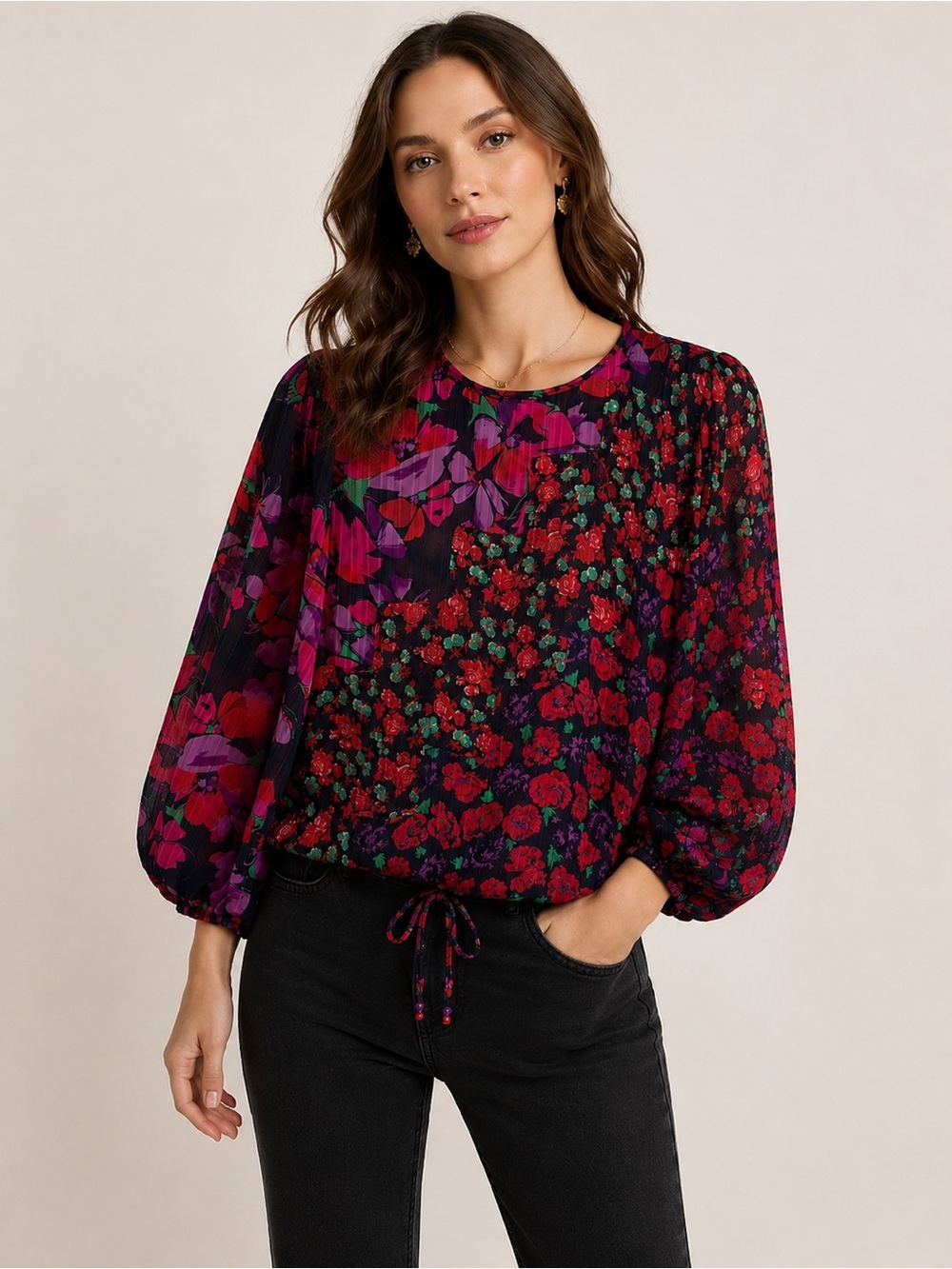 DIANE FREIS VINTAGE GEORGETTE Floral Blouse Boho Sheer Balloon Sleeve TOP SZ L - Picture 7 of 7
